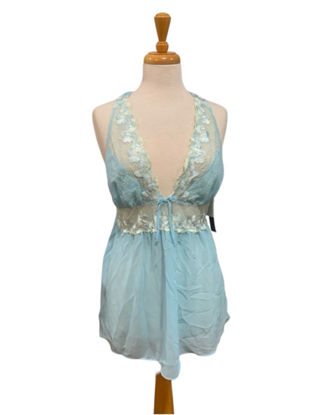 Vntg Y2K Women's Cinema Etoile Blue & Yellow Sheer Lace Chemise tank XL